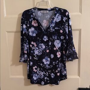 Kasper Blue and Pink Floral 3/4 Sleeve Blouse